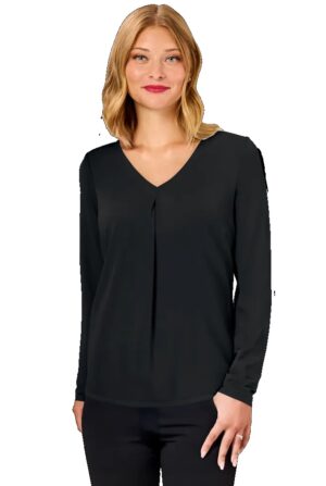 Ladies’ Matte Jersey Pleated V-Neck Long Sleeve Blouse