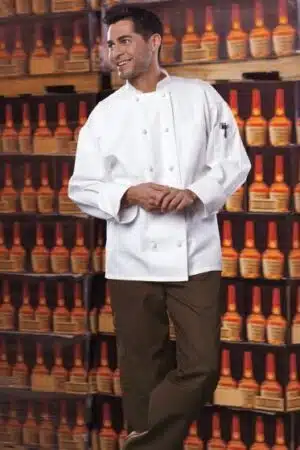 Long Sleeve White Knot Button Chef Coat with Mesh Back