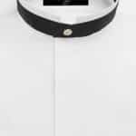 Unisex Banded Collar Shirt with Wide Black Satin Trim around the Collar