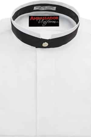 Unisex Banded Collar Shirt with Wide Black Satin Trim around the Collar