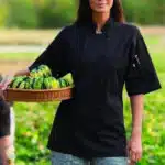 Short Sleeve Black Knot Button Chef Coat with Mesh Back