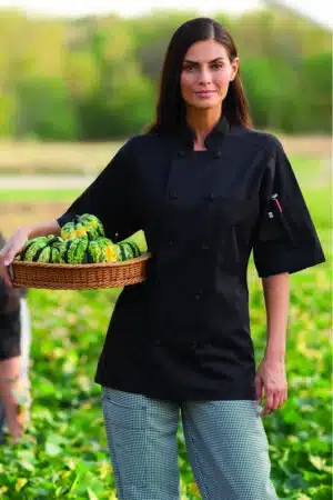 Short Sleeve Black Knot Button Chef Coat with Mesh Back