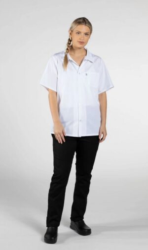 White Unisex Button Front Utility Shirt with Mesh Back